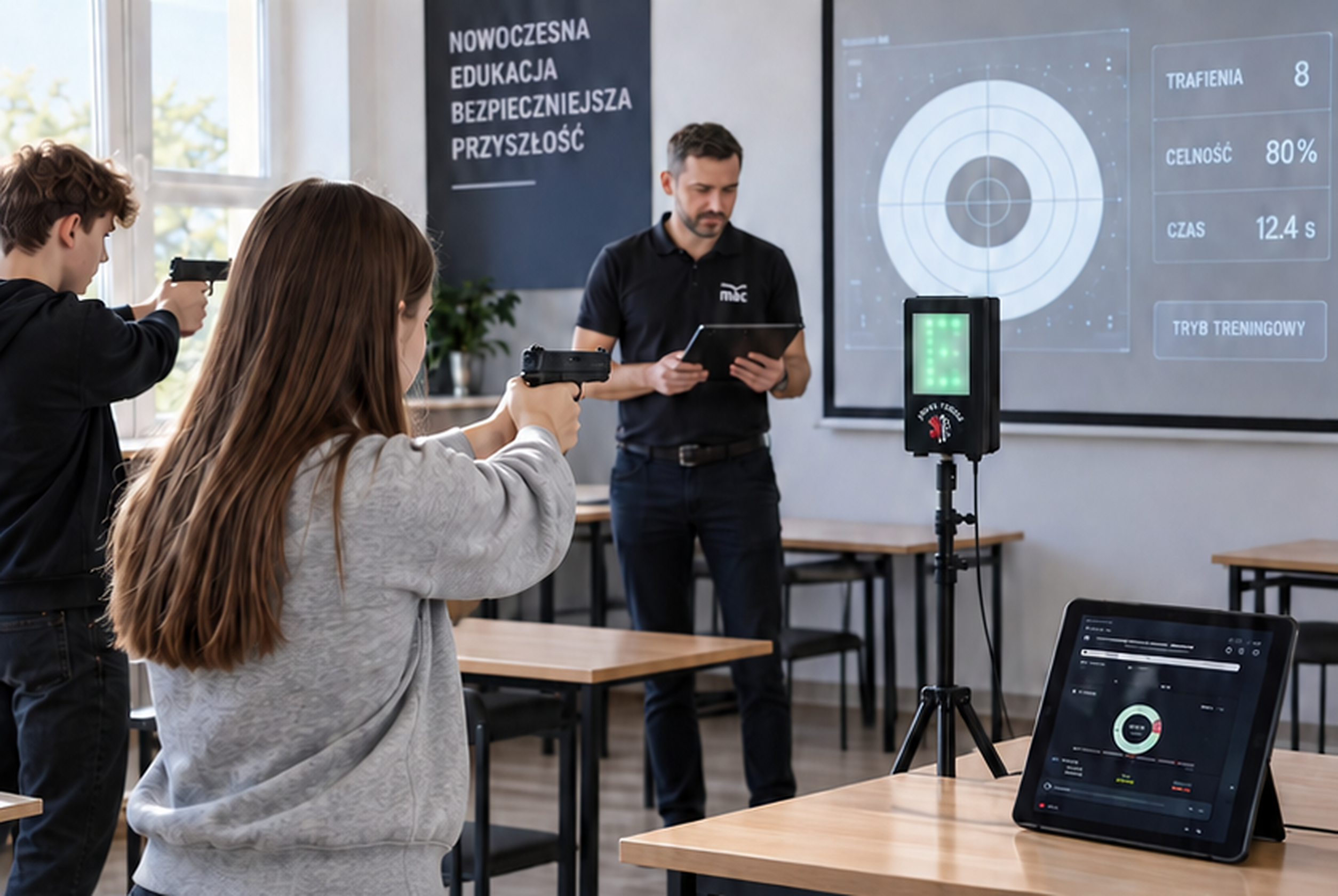 Zajęcia z systemem Smart Target w klasie — uczniowie, instruktor i tarcza elektroniczna